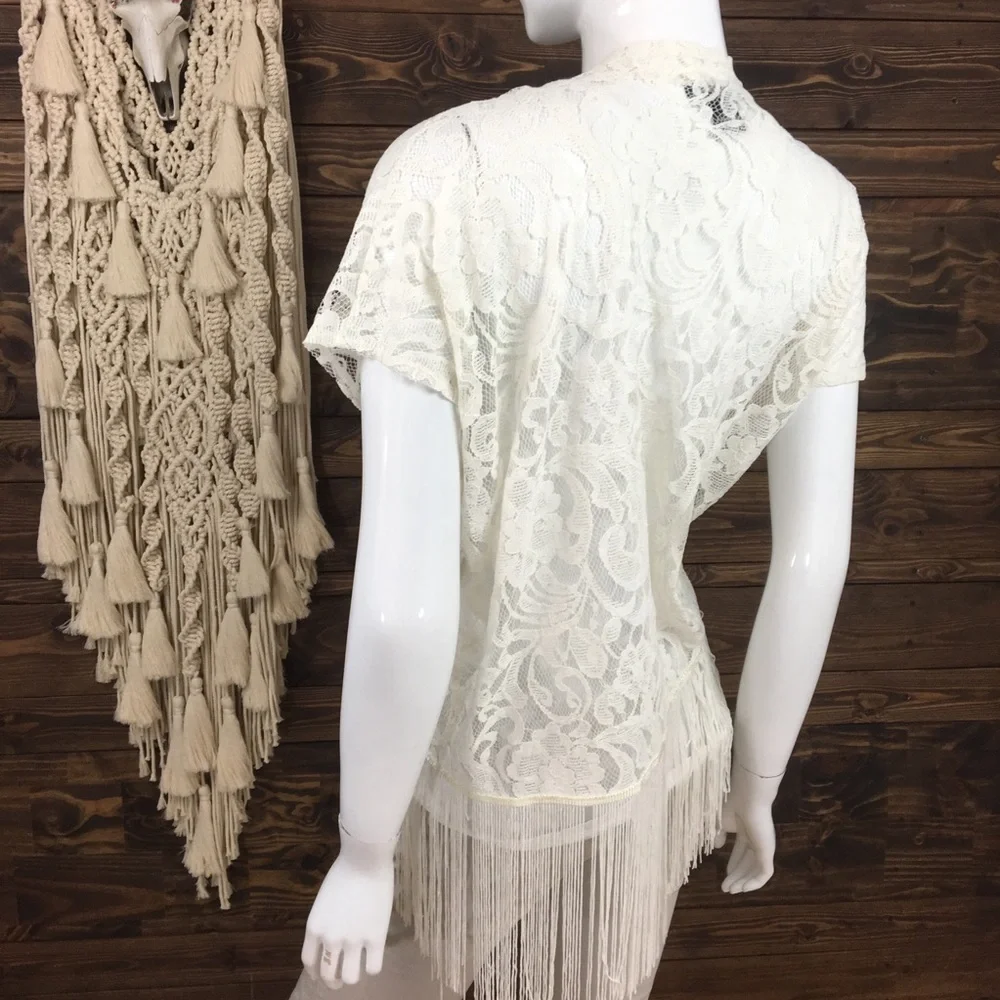 Swoon | Crochet Mesh Lace Fringe Kimono Cardigan‎ Cream
